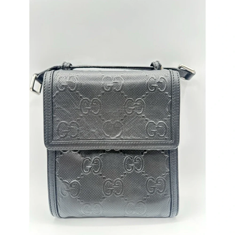 Gucci Guccissima Black Leather Crossbody Shoulder Bag Messenger Unisex Italy